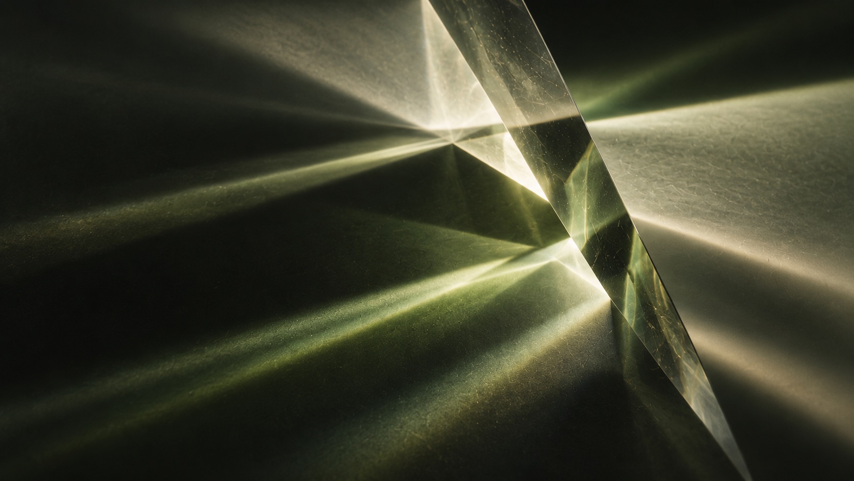 Light refracts through an angled glass pane onto a dark green surface, illustrating clarity in AI agent compliance.