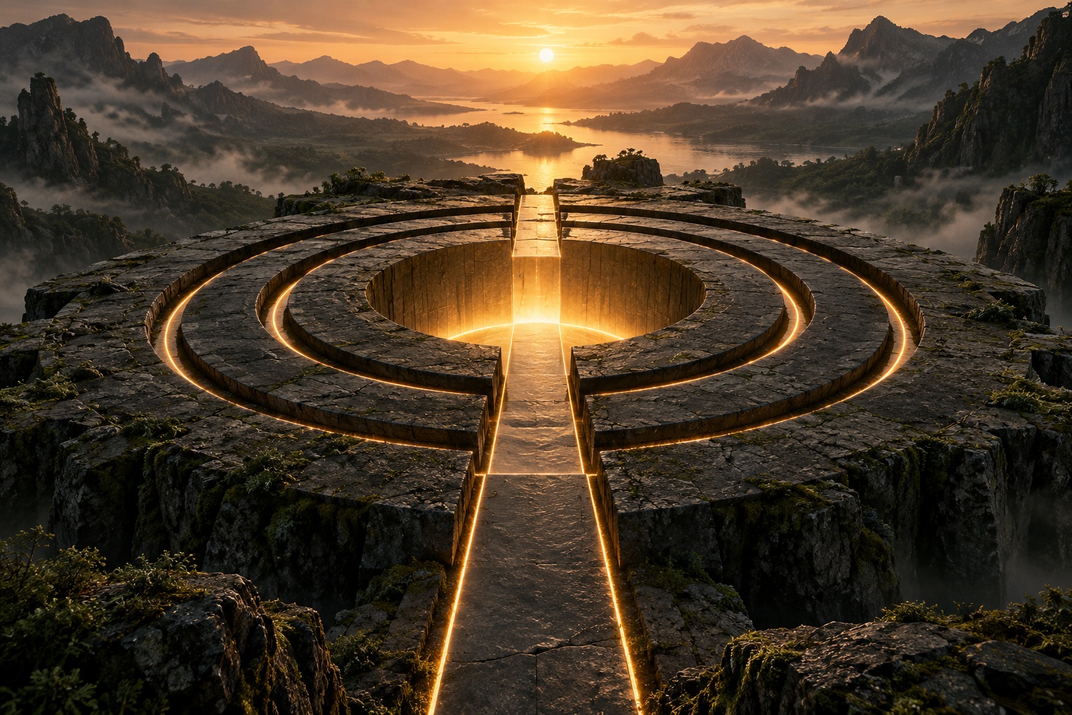 Concentric stone rings around a glowing center, with a lit path crossing them at dawn.