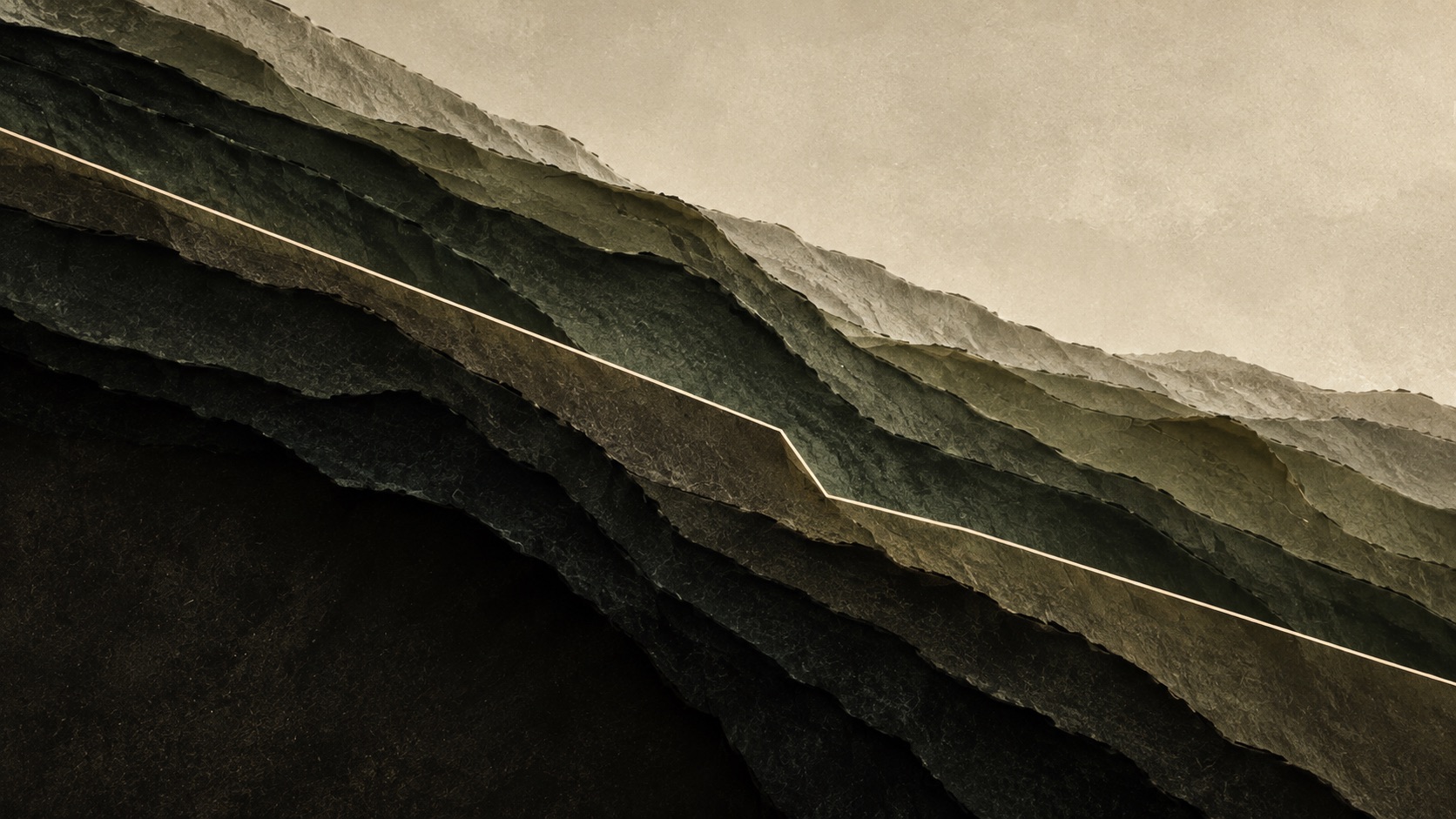 A thin illuminated line crosses layered dark rock beneath a light surface, illustrating layers of AI financial liability.