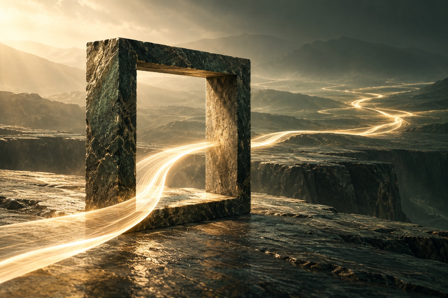 A ribbon of golden light passes through a fixed stone frame and continues across a changing landscape.