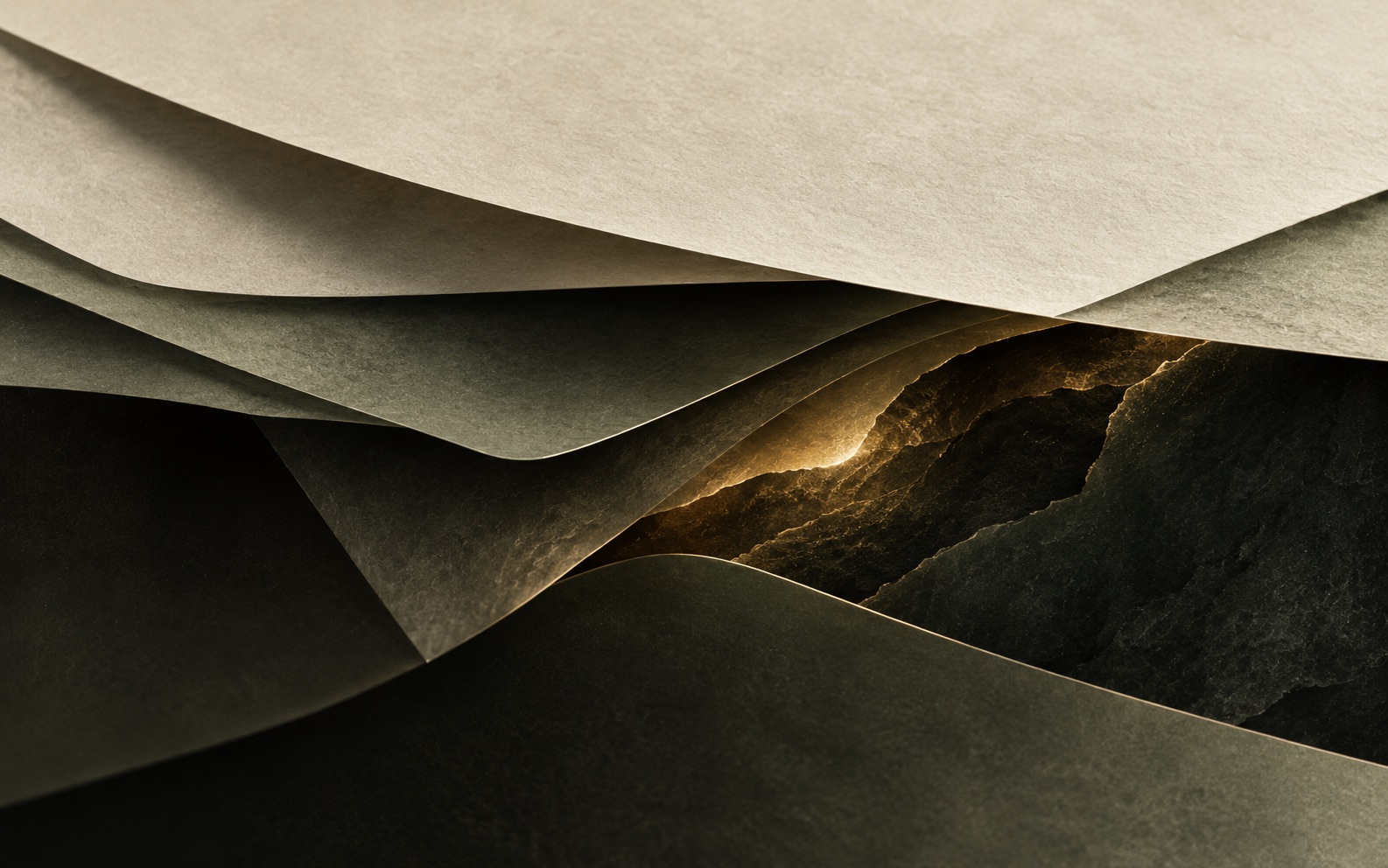 Layers of pale and dark material reveal an illuminated gap, illustrating hidden AI exposure within insurance policies.