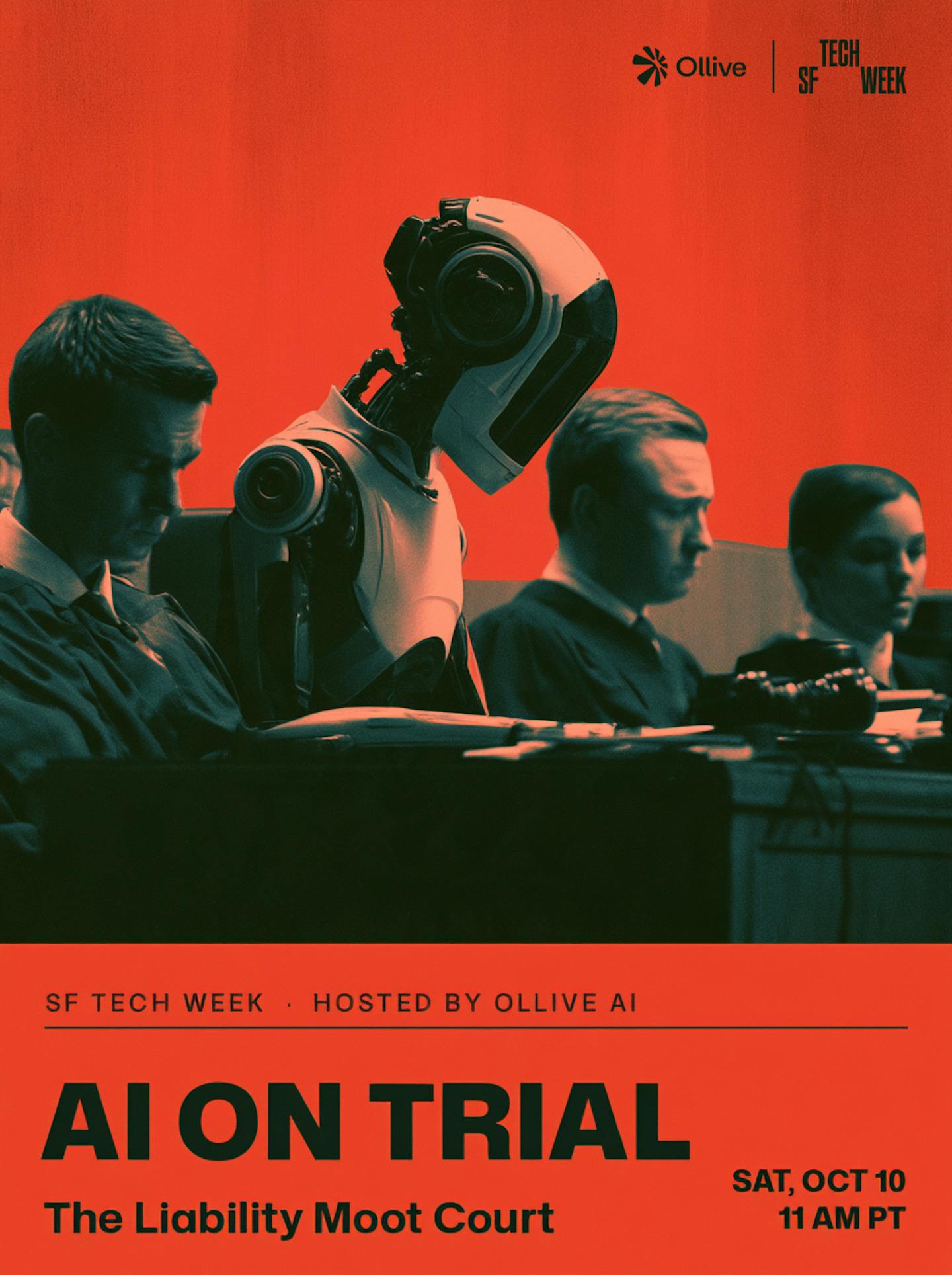 Red AI on Trial event poster showing a robot alongside people in a courtroom, with Ollive and SF Tech Week branding.